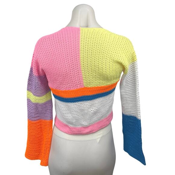 Women's Multicolor Colorblock Crochet Knit Long Sleeve Sweater Crop Top Size S - Picture 2 of 4